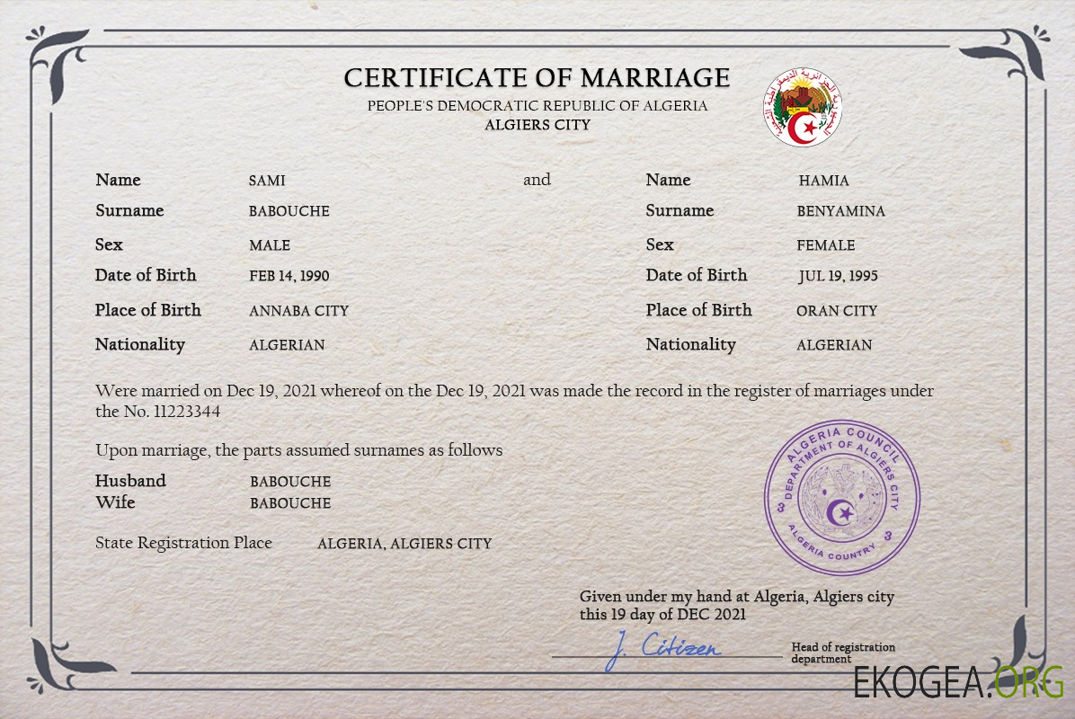 Modèle PSD de certificat de mariage en Algérie